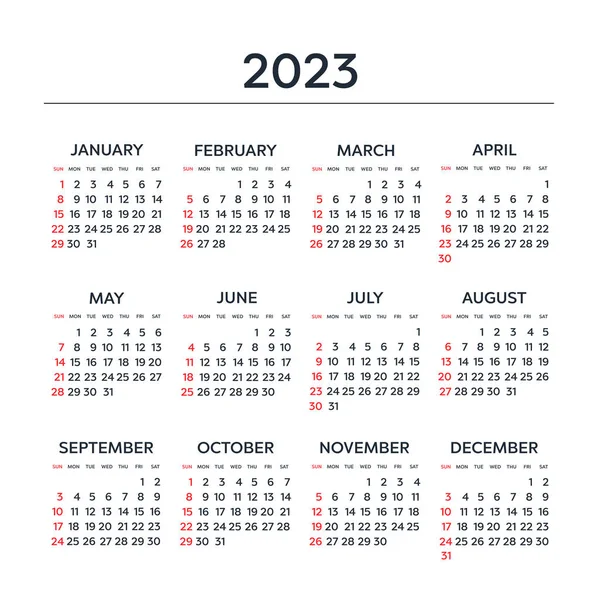 Kalender 2023 Jaar Zwart Wit Vectorsjabloon Week Begint Zondag Basisnetwerk — Stockvector