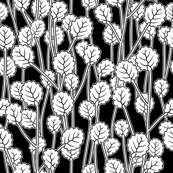 Weiße Blätter an Zweigen, schwarzes, nahtloses Muster — Stockvektor