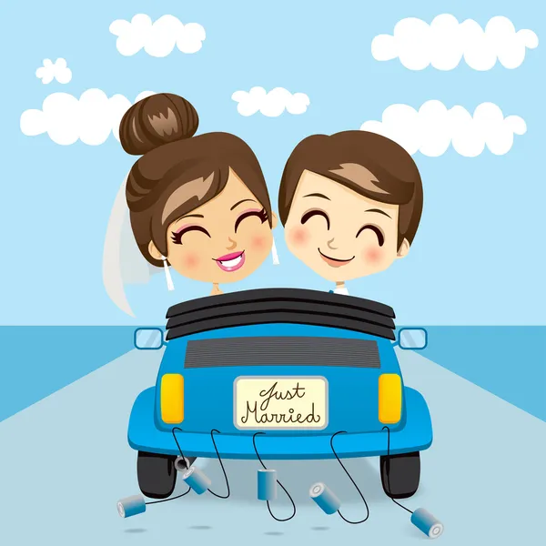 Just married couple driving a blue car in honeymoon trip - Stock Illustrati...