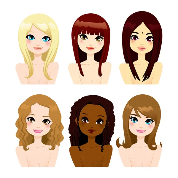 Femmes multi-ethniques cheveux longs — Image vectorielle