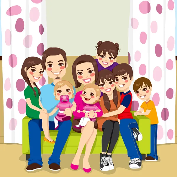 Familia numerosa feliz — Vector de stock