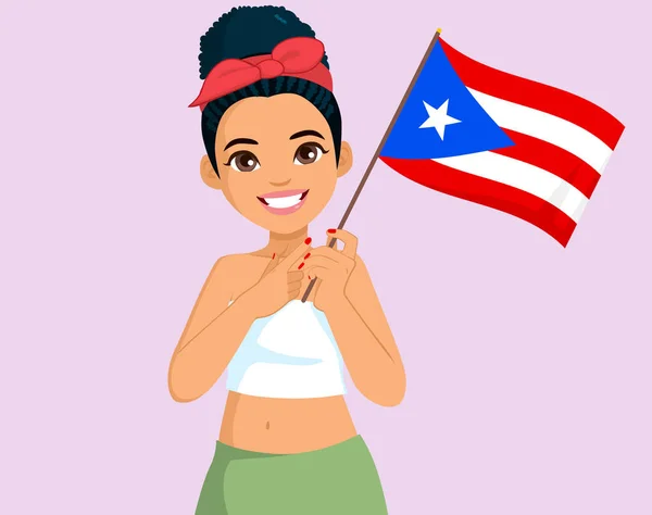Bella Donna Portoricana Che Sventola Bandiera Portoricana Indicando Con Gesto — Vettoriale Stock