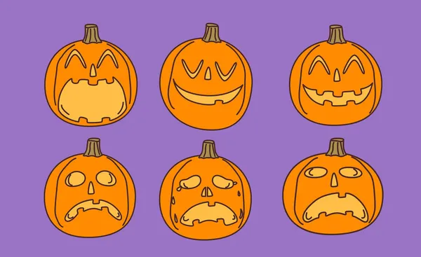 Set Halloween Pumpkins Collection Making Different Happy Sad Face Expressions — Stock Vector