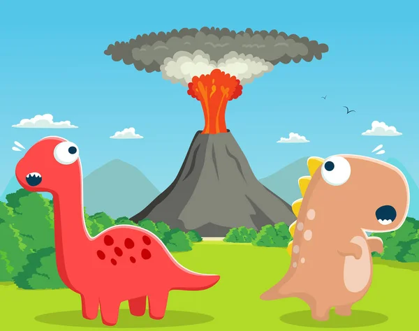 Dinosauri Spaventati Dall Eruzione Vulcanica Sullo Sfondo — Vettoriale Stock