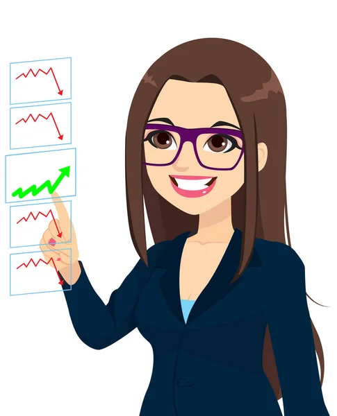 Affärskvinna Pekar Uppåt Diagram Stigande Marknadsförmögenhet Företag Smart Bra Val — Stock vektor