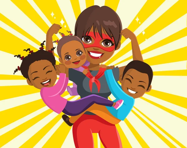 Vahva Terve Super Äiti Afrikkalainen Etnisyys Hänen Kolme Söpöä Pientä — vektorikuva