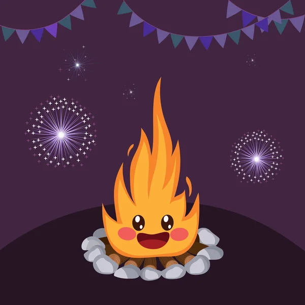 Cute Cartoon Bonfire Character Night Party Fireworks Background — Vettoriale Stock