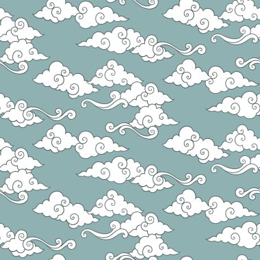 Oryantal bulutlu vektör gökyüzü kusursuz desen. Pastel çizilmiş rahat tekstil veya sihirli ambalaj tasarımı.
