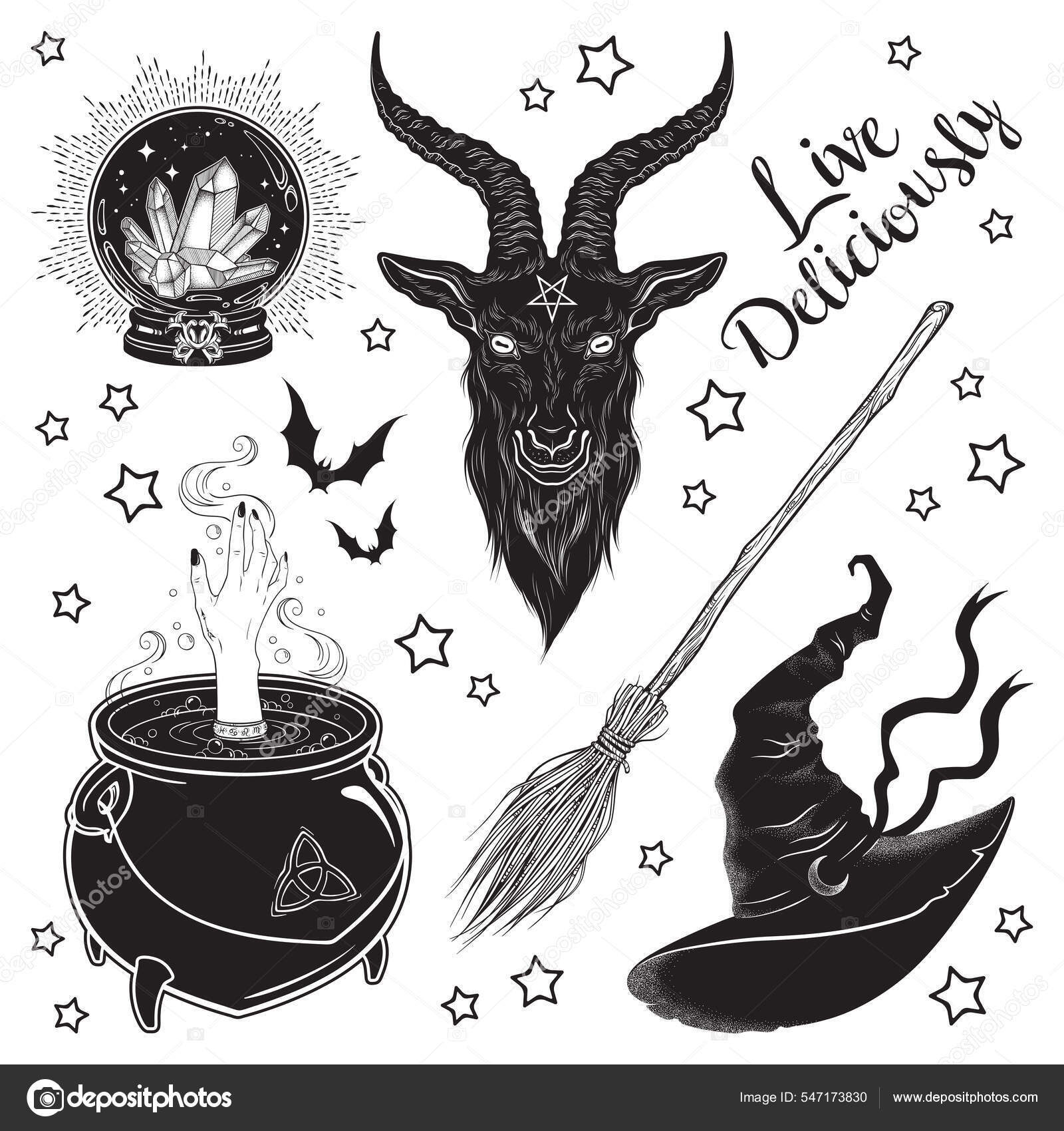 Conjunto Mágico Cabra Phillip Preto Bola Cristal Caldeirão Vassoura Chapéu  Vetor de ©Croisy 547173830, image size:1600x1700