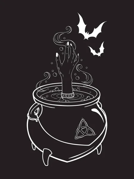 Magische Kokende Ketel Met Heksenhand Vleermuizen Vectorillustratie Handgetekend Wicca Ontwerp — Stockvector