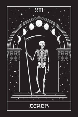 Gotik kemerin önündeki tırpanlı ve ay vektör resimli Tarot kartı Ölüm Meleği Biçici. El çizimi gotik tabela, poster ya da baskı tasarımı.