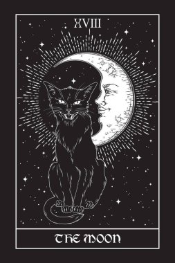 Tarot kartı Ay 'ın kara kedisi gece gökyüzünde ay ve yıldızlarla. Tanıdık ruh, cadılar bayramı veya putperest büyücülük temalı baskı tasarım vektörü illüstrasyonu.