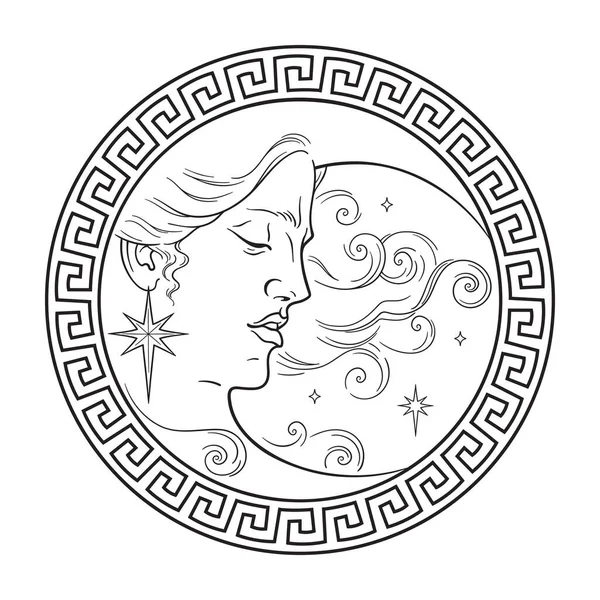 Crescent Moon Antique Style Hand Drawn Line Art Boho Chic — Stock Vector