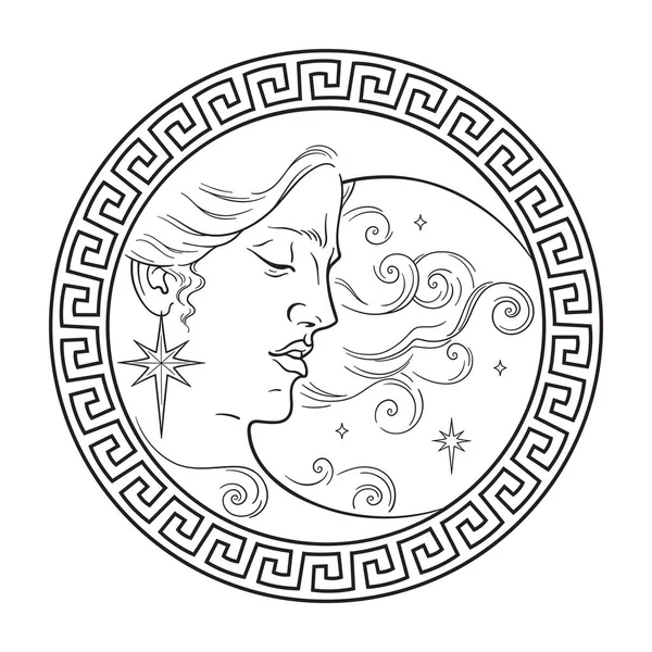 Luna Creciente Estilo Antiguo Dibujado Mano Línea Arte Boho Chic — Vector de stock