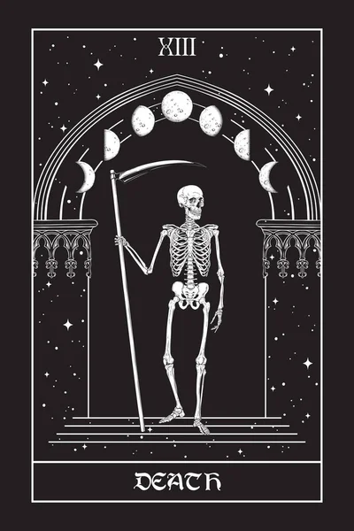 Carta Tarô Death Grim Reaper Com Foices Frente Arco Gótico — Vetor de Stock