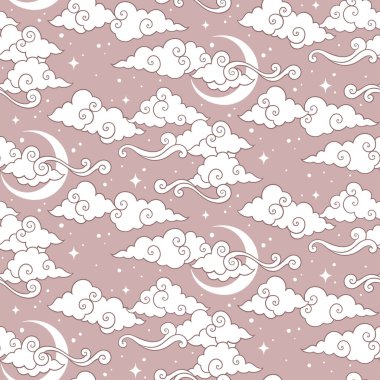 Gök cisimleri, uydular, yıldızlar ve bulutlar ile kusursuz bir desen. Pastel çizilmiş tekstil veya paket tasarımı.