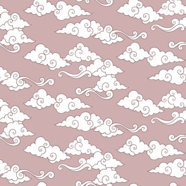 Oryantal bulutlu vektör gökyüzü kusursuz desen. Pastel çizilmiş rahat tekstil veya sihirli ambalaj tasarımı.