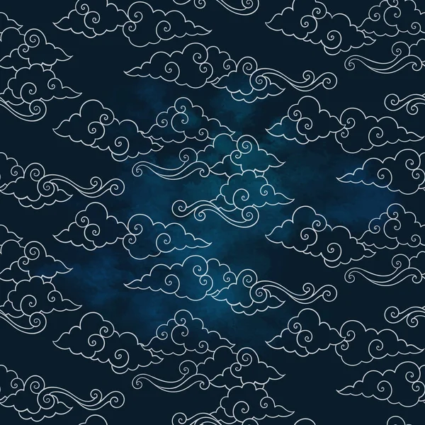 東洋の雲とベクトル天体シームレスパターン パステル手描き居心地の良いテキスタイルや魔法の包装デザイン — ストックベクタ