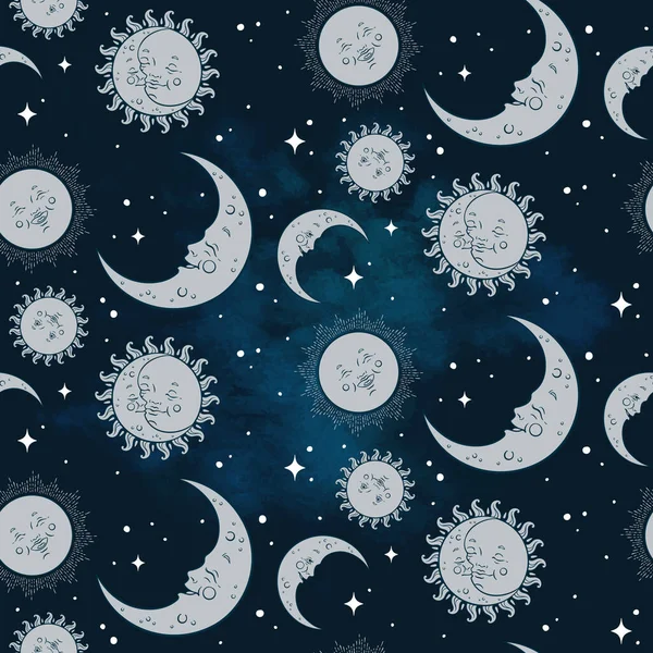 Vektornahtloses Muster Mit Baby Himmelskörpern Mond Sonnensterne Und Wolken Pastellfarbenes — Stockvektor