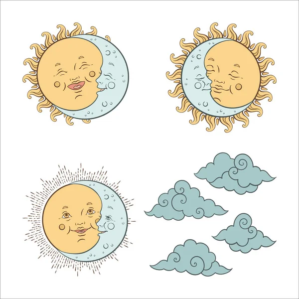 Vector Drăguț Copil Soare Lună Nori Apune Pastel Mână Desenată — Vector de stoc