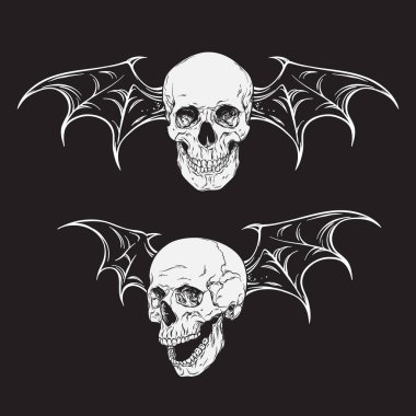Flying human skulls with bat wings set isolated halloween design. Hand drawn line art vector illustration clipart