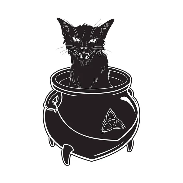 Çizimi Kara Kedi Cadı Kazanında Oturuyor Wiccan Tanıdık Ruh Putperest — Stok Vektör