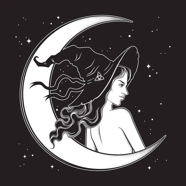 Hermosa Bruja Morena Arte Línea Sombrero Puntiagudo Trabajo Puntos Tatuaje — Vector de stock