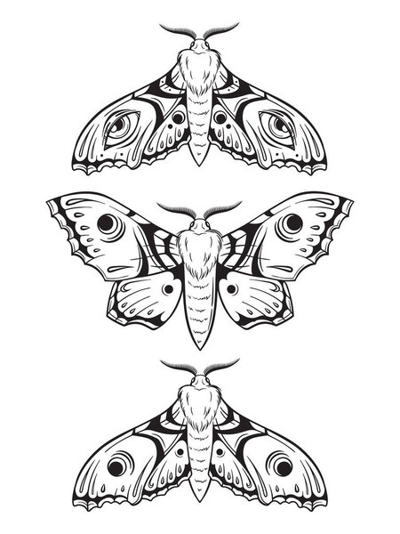 Hawk moths hand drawn line art gothic tattoo design set isolated vector illustration.