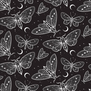 Moths and butterflies over sky with crescent moon and stars seamless pattern hand drawn line art gothic design set isolated vector illustration.