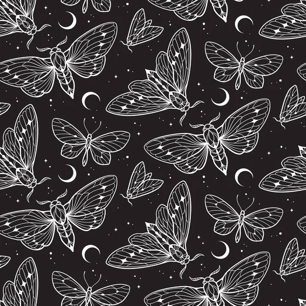 Moths Butterflies Sky Crescent Moon Stars Seamless Pattern Hand Drawn — Stock Vector