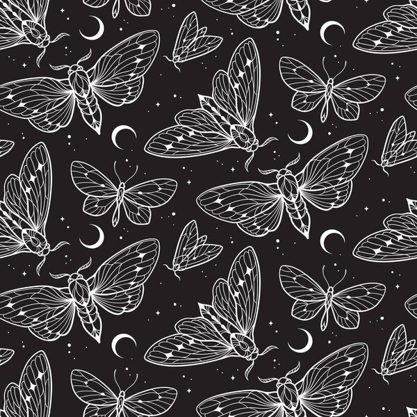 Moths and butterflies over sky with crescent moon and stars seamless pattern hand drawn line art gothic design set isolated vector illustration.