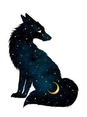 Silhouette of kitsune fox magic animal with night sky with crescent moon gothic tattoo design isolated vector illustration.
