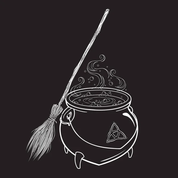 Boiling Magic Cauldron Broom Vector Illustration Hand Drawn Wiccan Design — Stock Vector