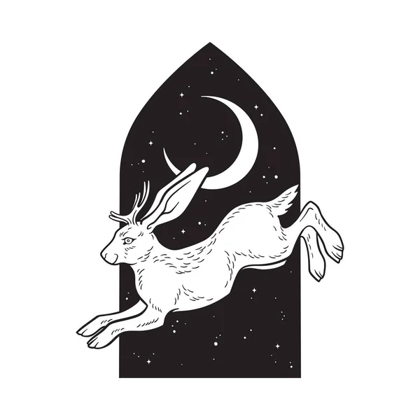 Jackalope Hare Horns Folklore Magic Animal Night Sky Crescent Moon — 图库矢量图片