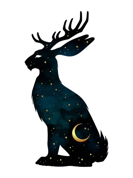 Silhouette Jackalope Hare Horns Folklore Magic Animal Night Sky Crescent — Stock Vector
