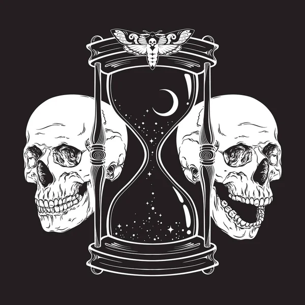 Reloj Arena Dibujado Mano Con Luna Estrellas Calaveras Humanas Aisladas — Archivo Imágenes Vectoriales