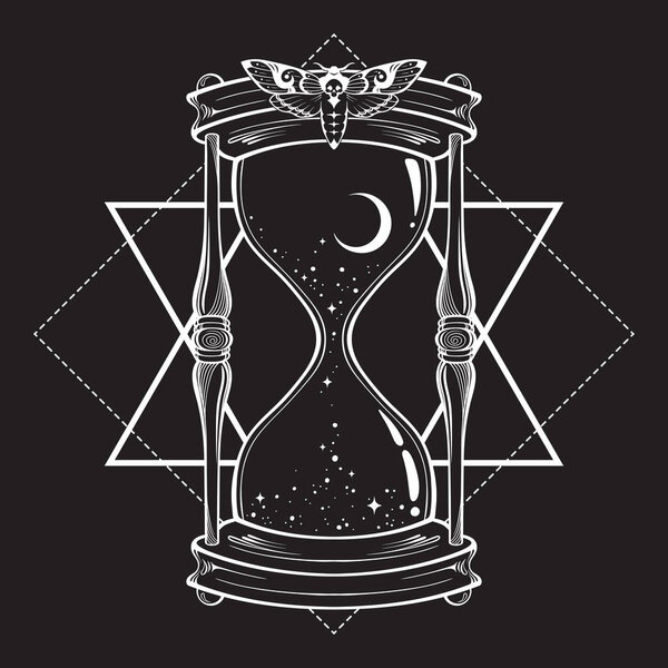Hand drawn line art hourglass with moon and stars isolated boho sticker, print or blackwork tattoo design vector illustration