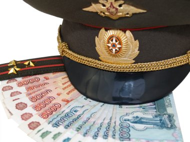 Military peak-cap, shoulder strap and Russian money