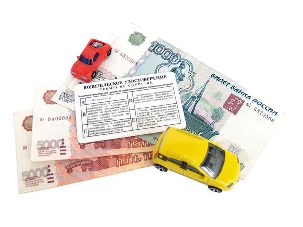 Licencia de conducir, dinero ruso y modelos de coches — Foto de Stock