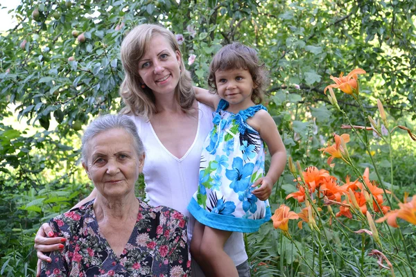 Familie portret in een tuin, drie generaties — Stockfoto