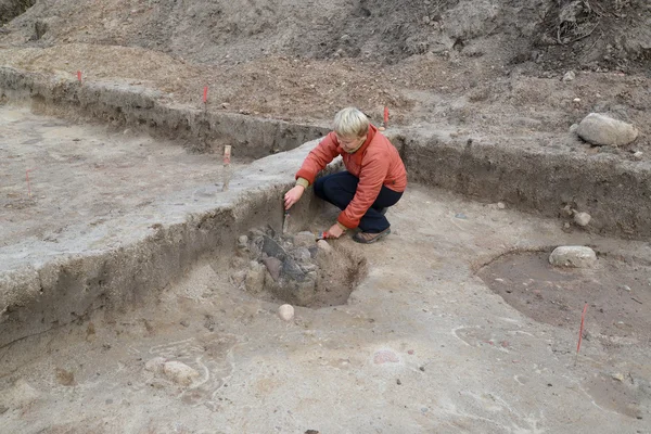 O arqueólogo feminino trabalha na escavação com o antigo centavo — Fotografia de Stock