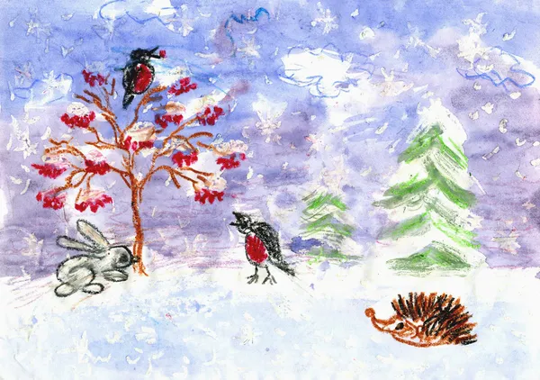 Winter. Kinderzeichnung (Aquarell, Wachsstücke aus Kreide) — Stockfoto
