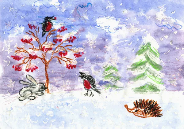 Winter. Children\'s drawing (water color, wax pieces of chalk)