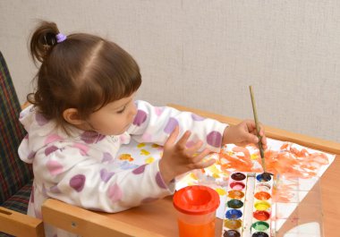 küçük kız Lefthander su renkli boyalar berabere