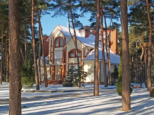 El invierno. Casa de campo en la madera de pino — Foto de Stock