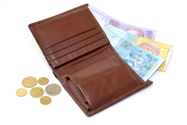 Purse with the Ukrainian money on a white background — Stock Photo, Image