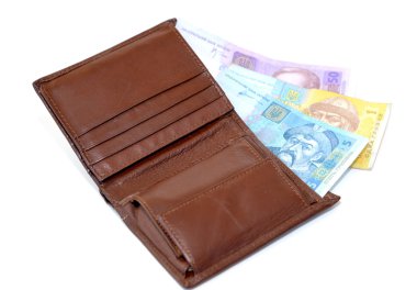 beyaz zemin üzerine Ukraynalı para ile çanta