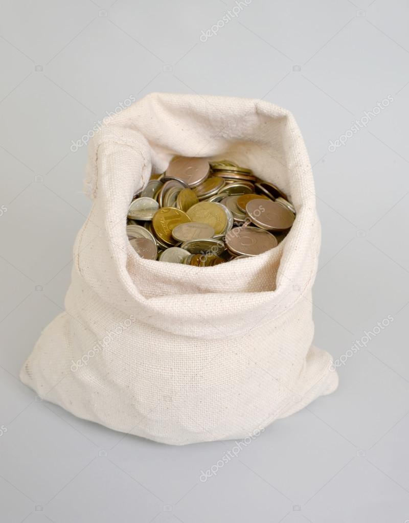 The Russian metallic currency lies in a bag. Bag of money — Stock Photo
