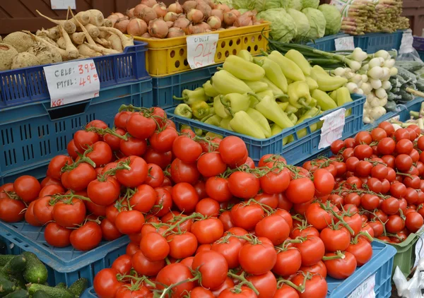 Les légumes se trouvent dans des boîtes sur un comptoir du marché — Photo