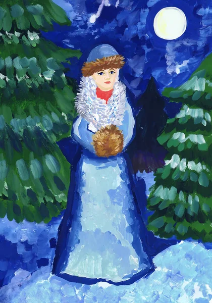 冬の森の中にクラッチを持つ女の子 子供の絵 — ストック写真